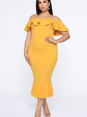 Fashion Nova Mustard Off-Shoulder Ruffle Midi Dress